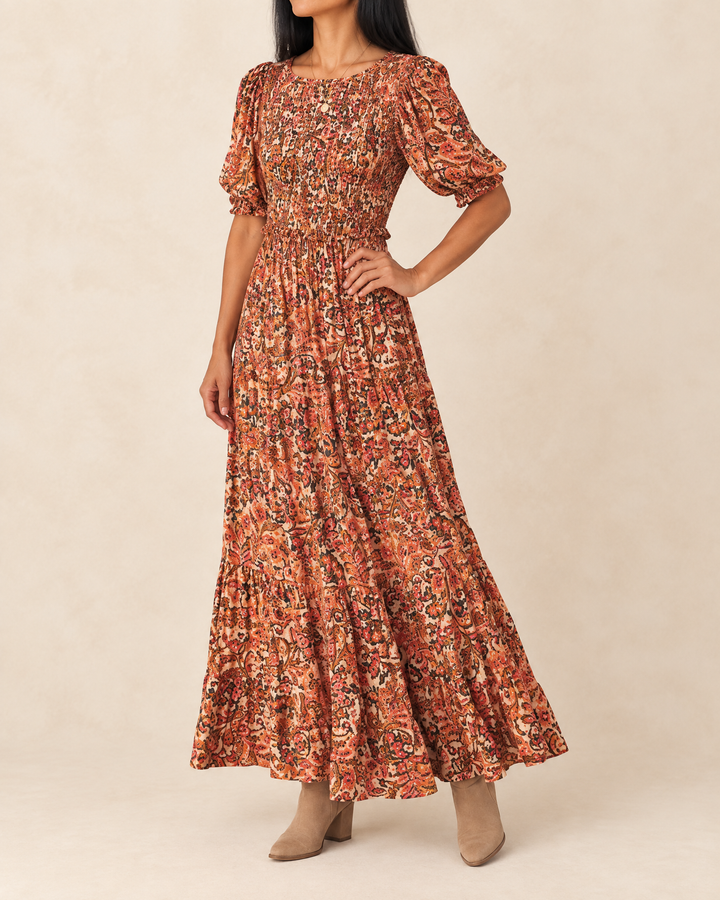 Garance - Frilled Waist Swing Maxi Dress in orange floral, side view