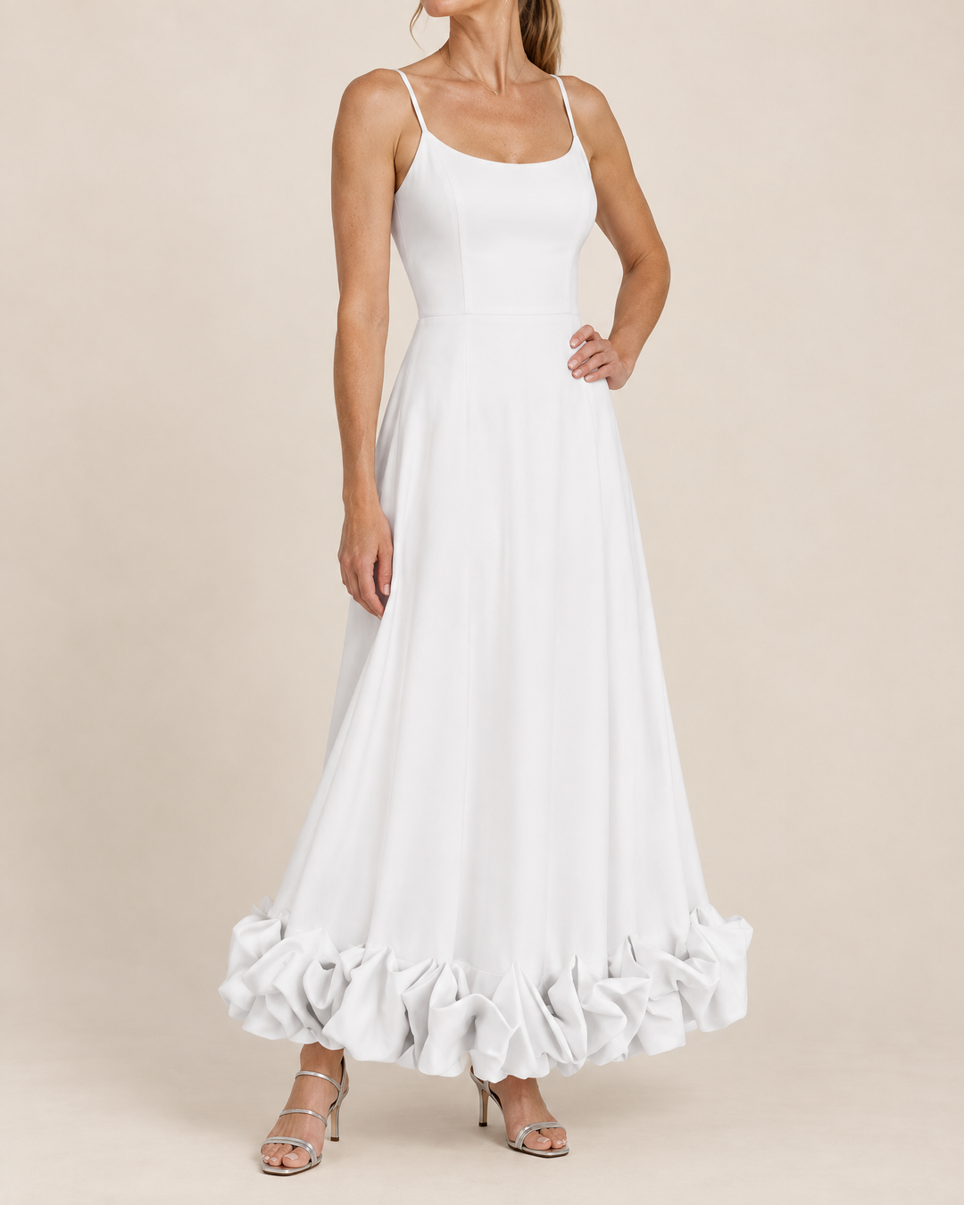 Rosine - Ruffle Hem Cami Maxi Dress in white, side view