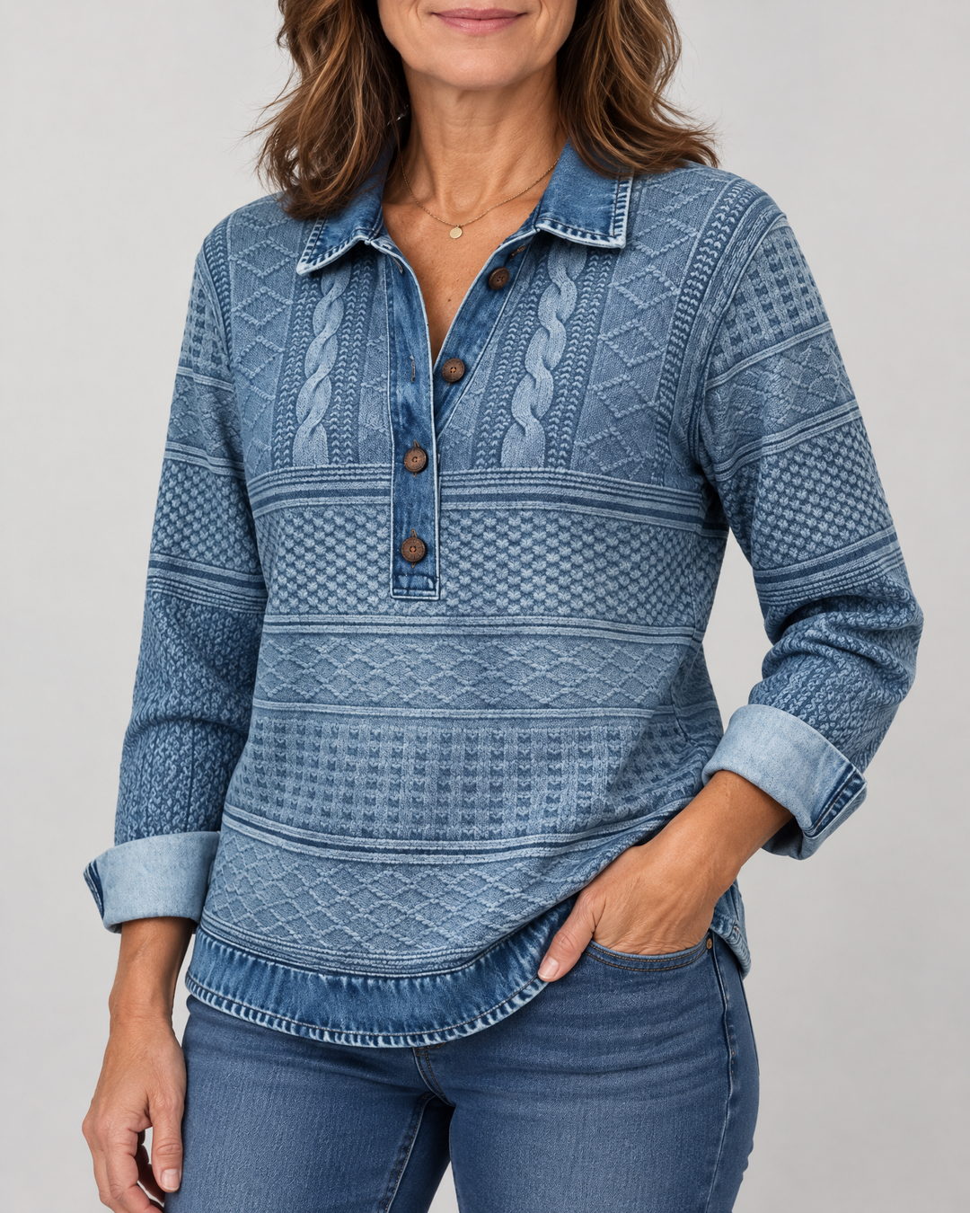 Annelise - Cable-Look Collared Top in blue, side view
