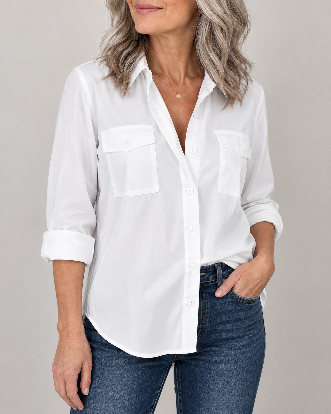 Louise - Pocket Detail Shirt in white, side view