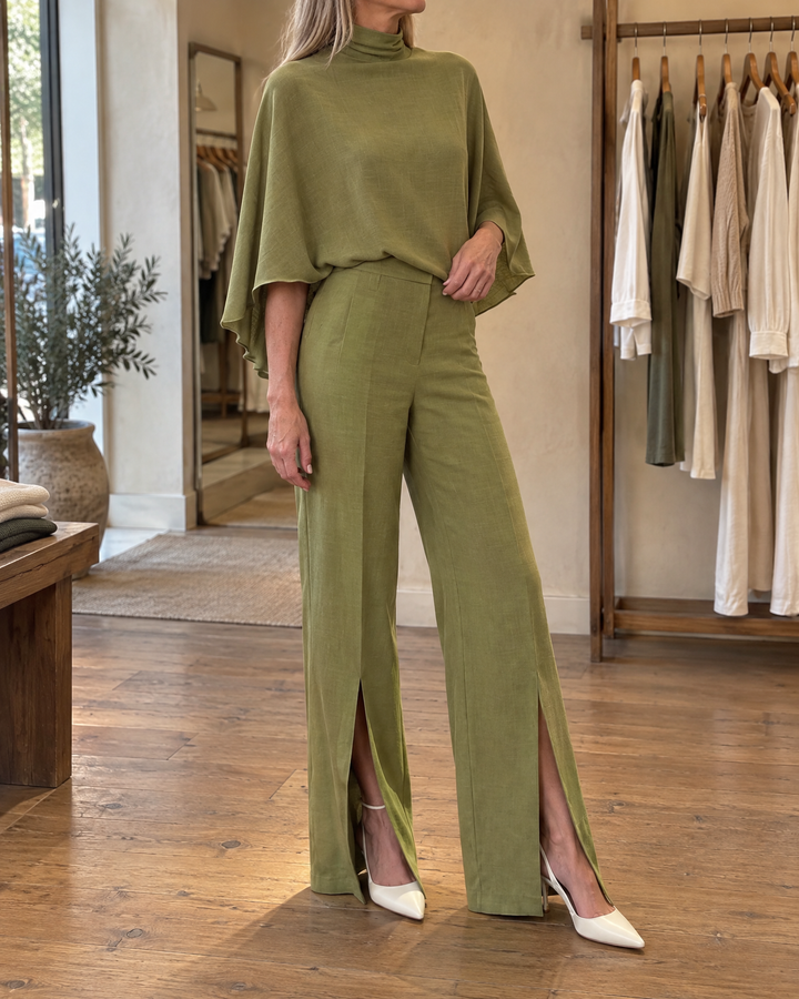 Cecile - Mock-Neck Cape Top Set in olive, side view