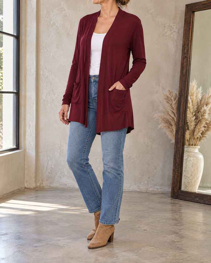 Nicolette - Longline Pocket Cardigan in wine, side view