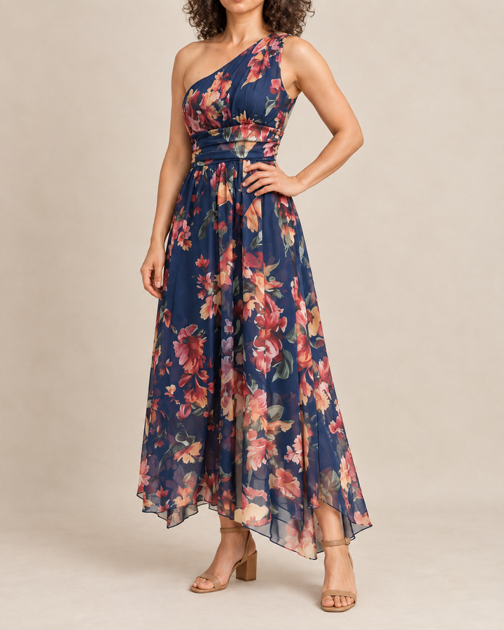 Giselle - One-Shoulder Floral Maxi Dress in navy, side view
