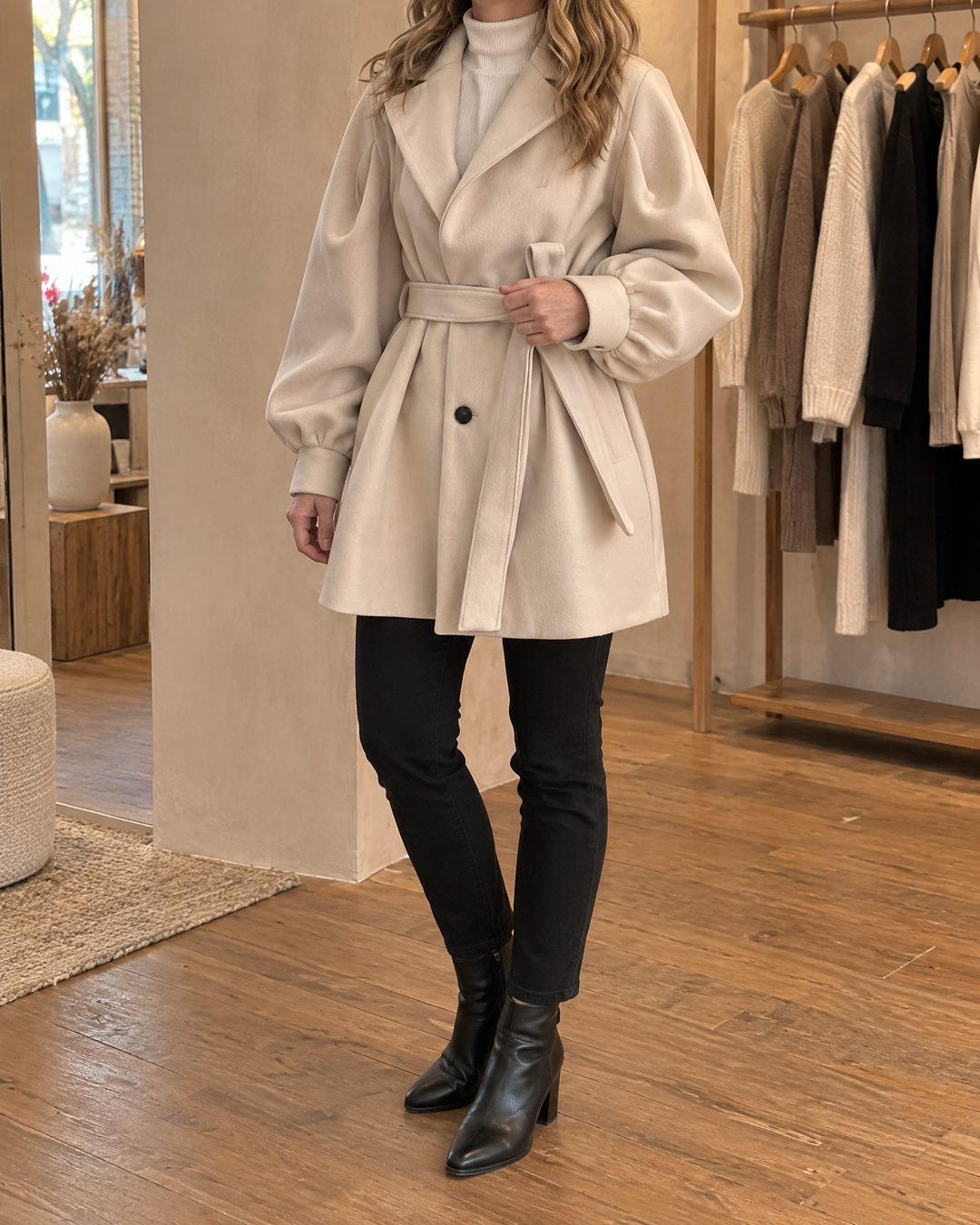 Martine - Balloon Sleeve Belted Coat in cream, side view