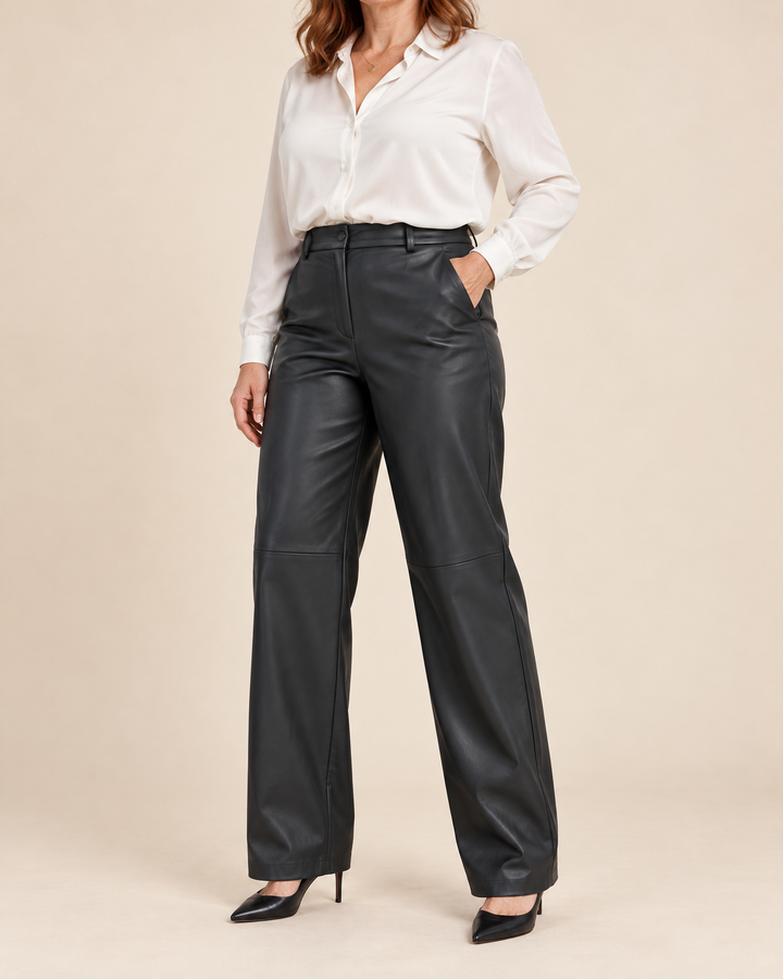 Pascale - Faux Leather Straight Pants in black, side view