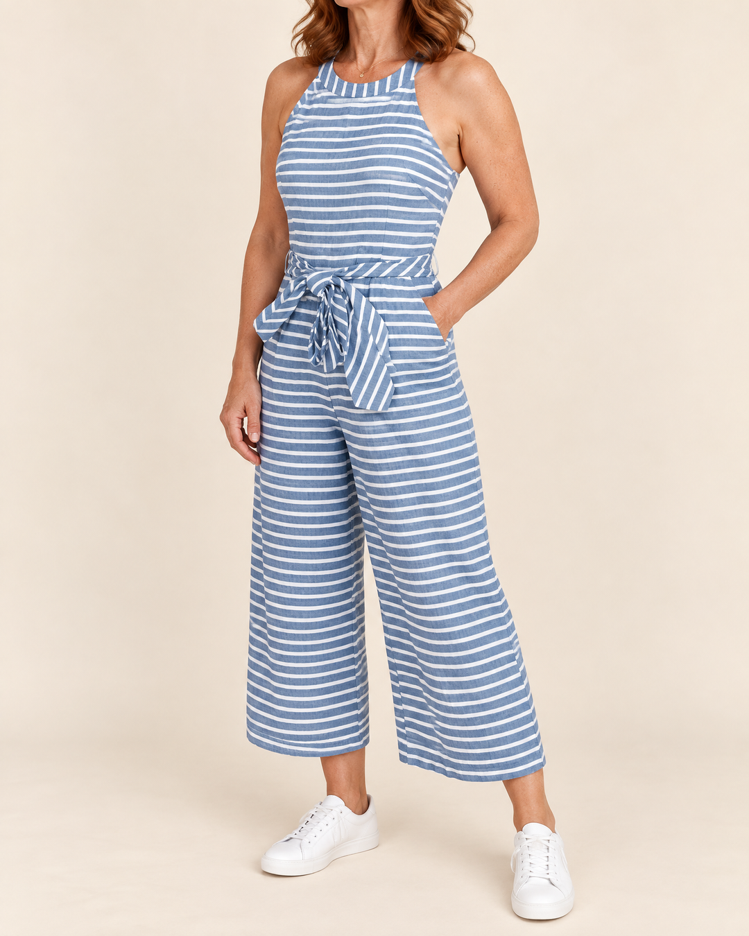 Josette - Striped Tie Waist Jumpsuit in blue, side view