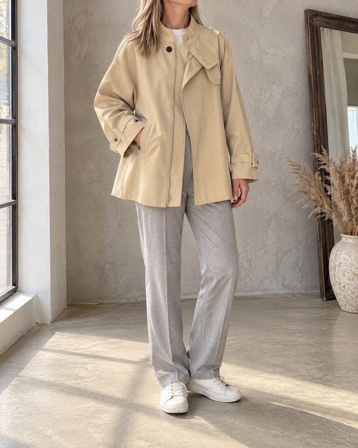 Michelle - Stand Collar Trench Jacket in light khaki, side view