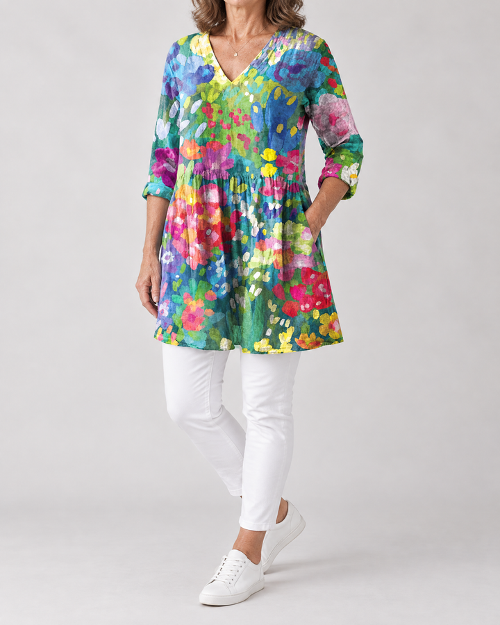 Marguerite - Printed Tunic Top in watercolour garden, side view