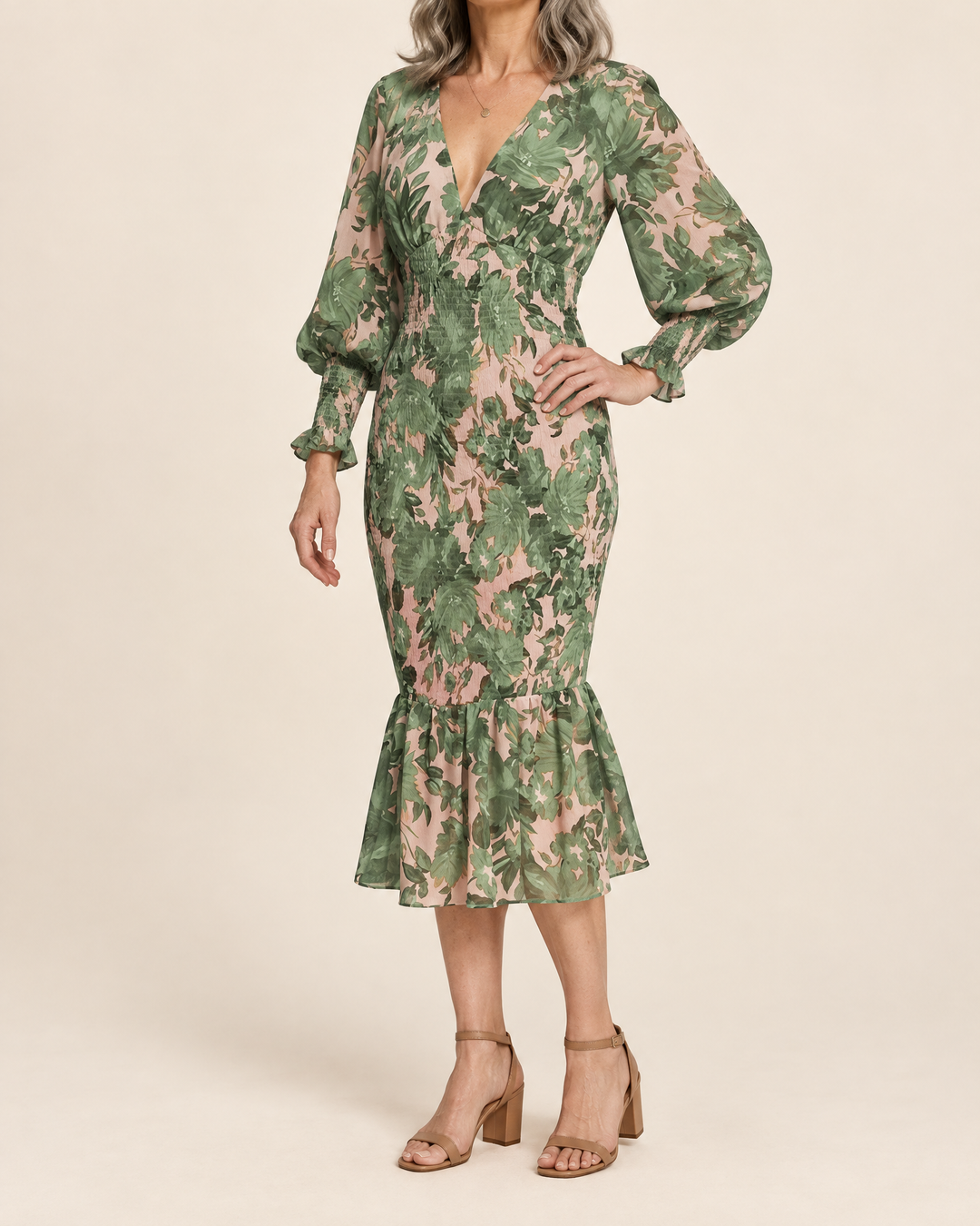 Coralie - Lantern Sleeve Print Midi Dress in green, side view