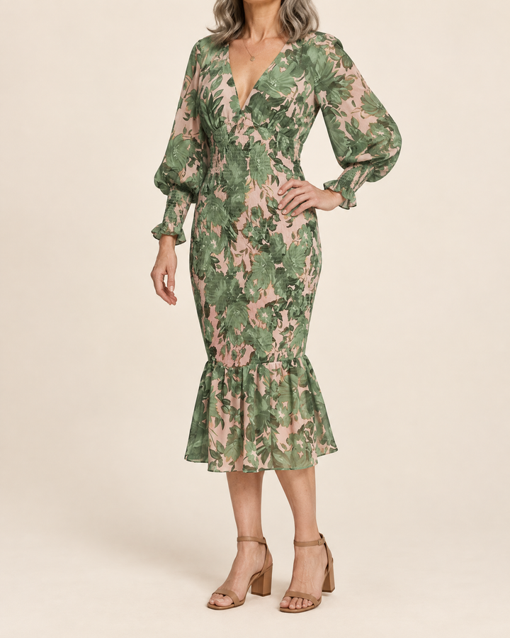 Coralie - Lantern Sleeve Print Midi Dress in green, side view