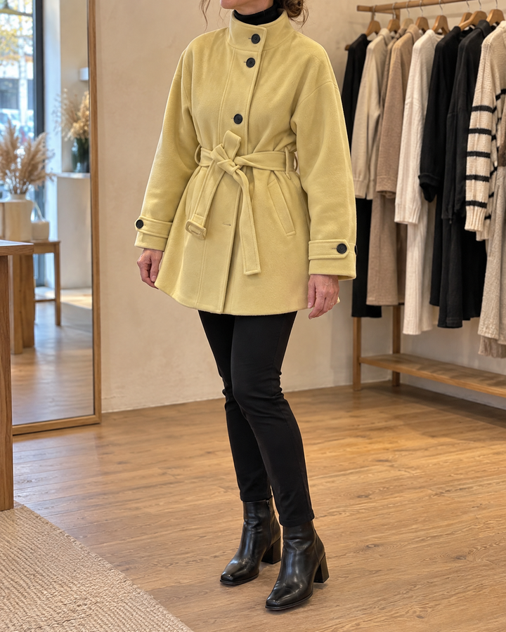 Lorelei - Belted Wool-Look Coat in mustard, side view