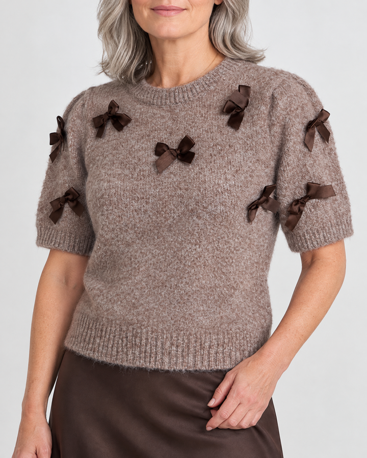 Juliette - Bow Sweater Top in brown, side view