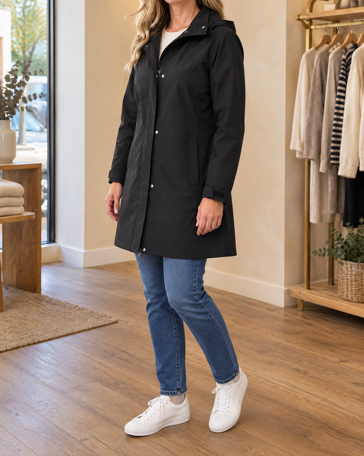 Jacqueline - Water-Repellent Hooded Coat in black, side view