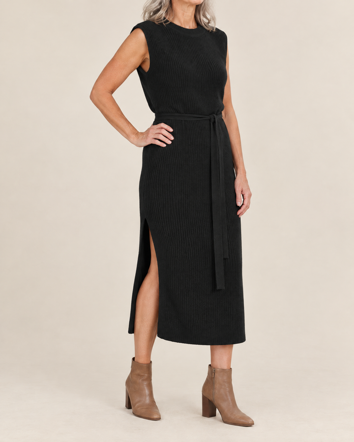 Lucile - Sleeveless Knit Midi Dress in black, side view