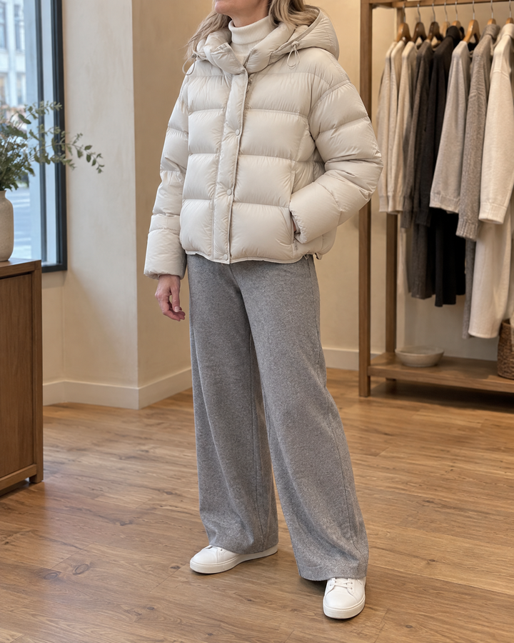 Annabelle - Hooded Down Puffer in cream, side view