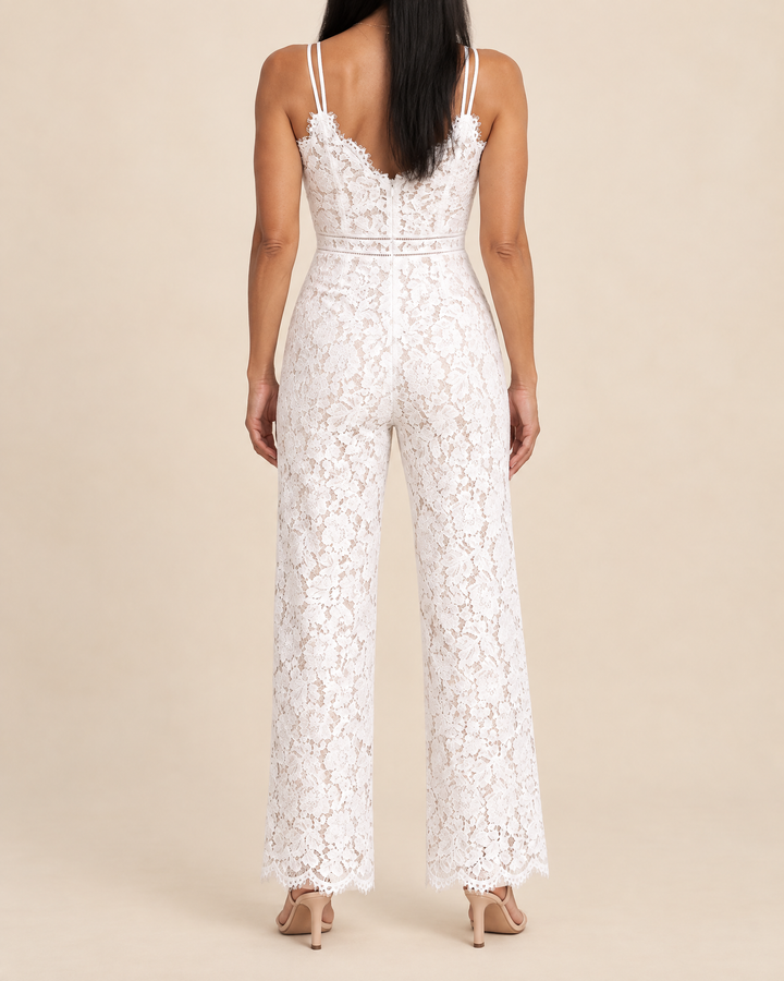 Victoire - Lace Wide Leg Jumpsuit in white, back view