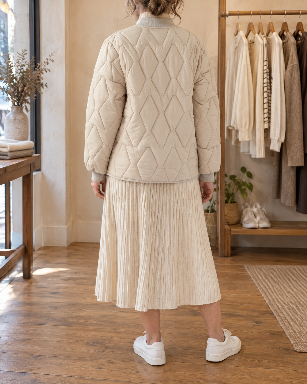 Dominique - Rib Collar Quilted Jacket in cream, back view