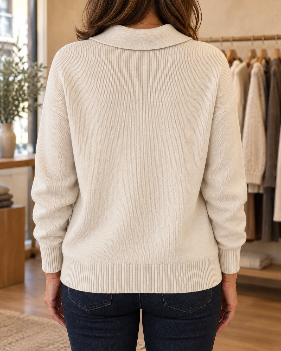 Helene - Shawl Collar Sweater in cream, back view