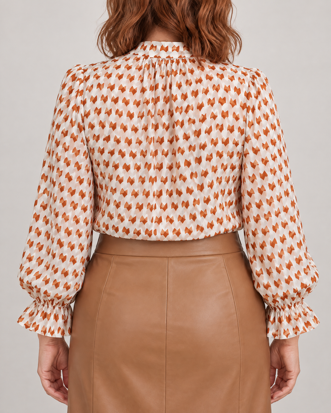 Capucine - Bow Neck Printed Blouse in light brown, back view