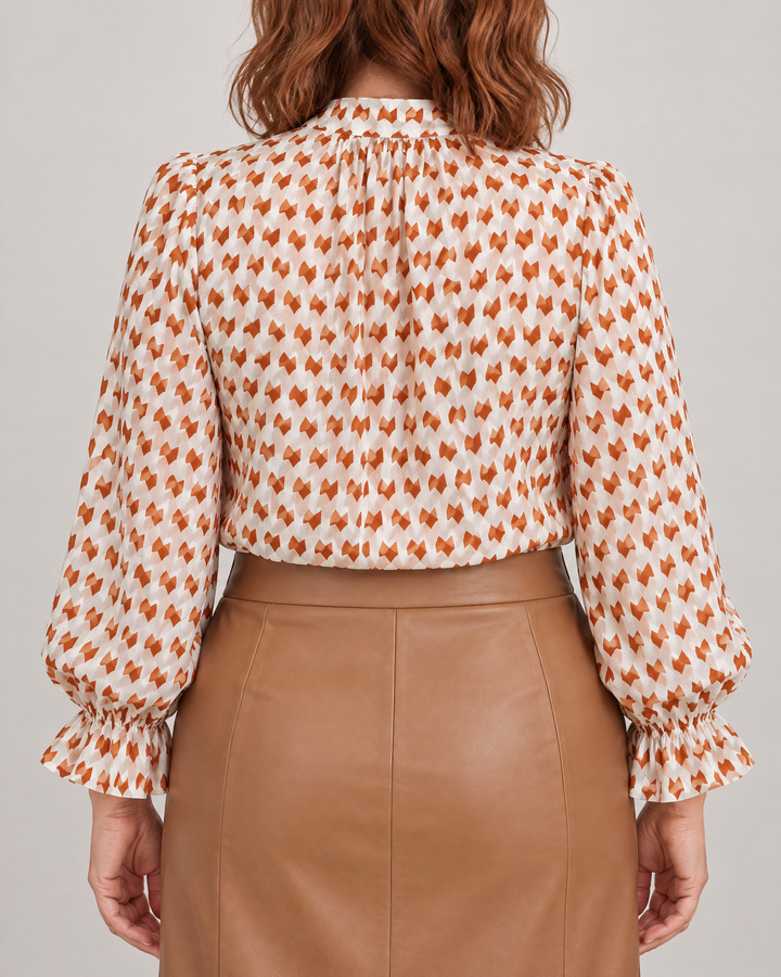 Capucine - Bow Neck Printed Blouse in light brown, back view