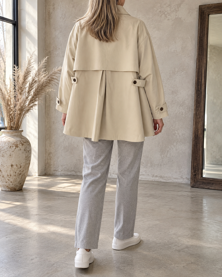 Michelle - Stand Collar Trench Jacket in light khaki, back view