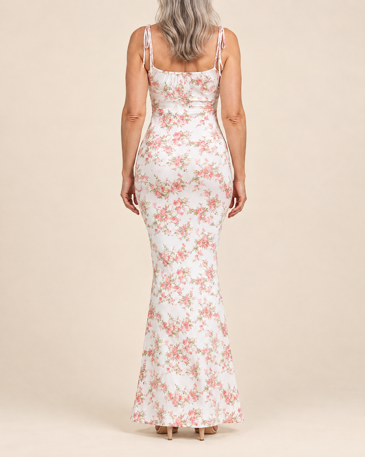 Adele - Floral Cami Fishtail Maxi Dress in pink rose, back view