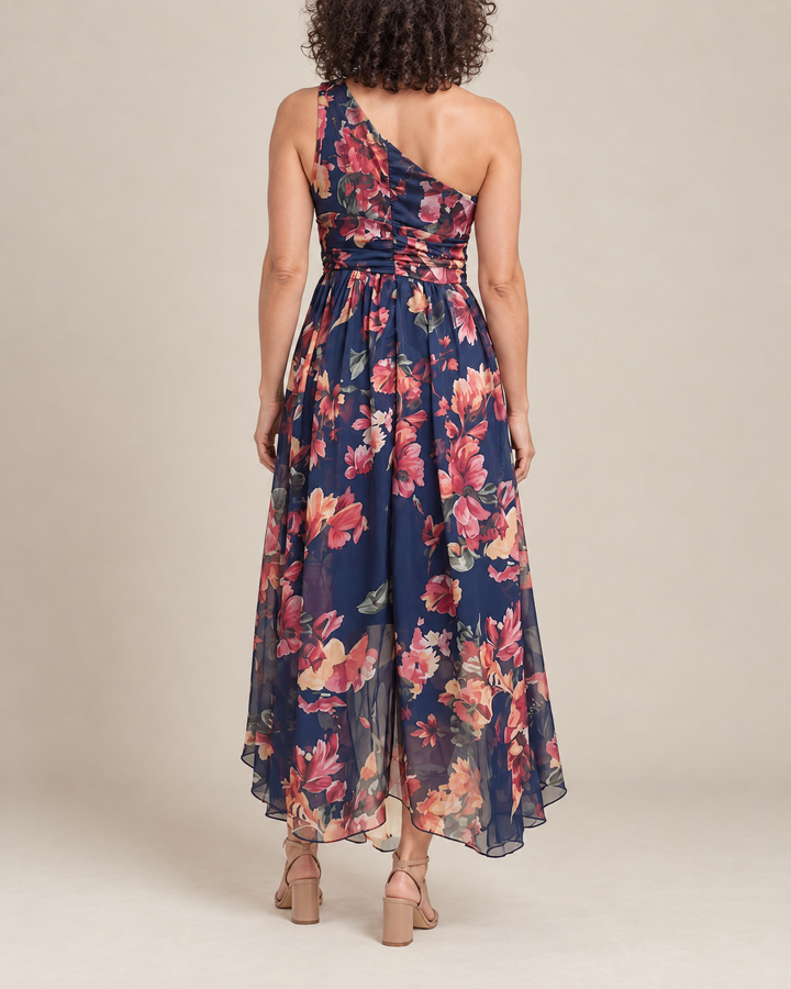 Giselle - One-Shoulder Floral Maxi Dress in navy, back view
