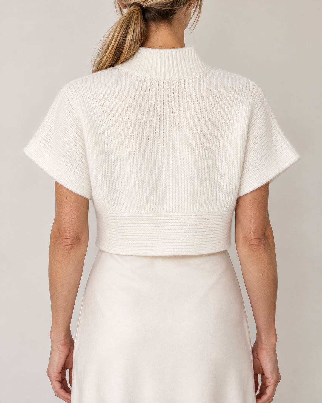 Camille - Mock Neck Crop Sweater in cream, back view