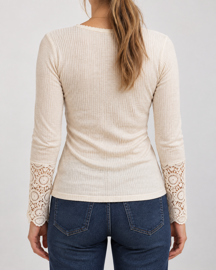 Fabienne - Lace Cuff Henley Top in apricot, back view