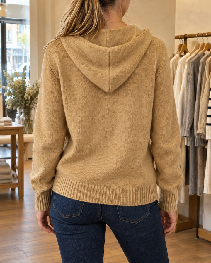 Greta - Hooded Knit Cardigan in khaki, back view with the hood