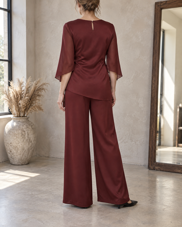 Lorraine - Satin Flared-Sleeve Set in wine, back view