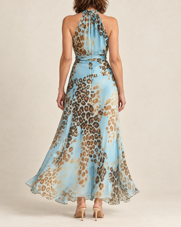 Leonie - Leopard Halter Maxi Dress in blue, back view with the halter ties