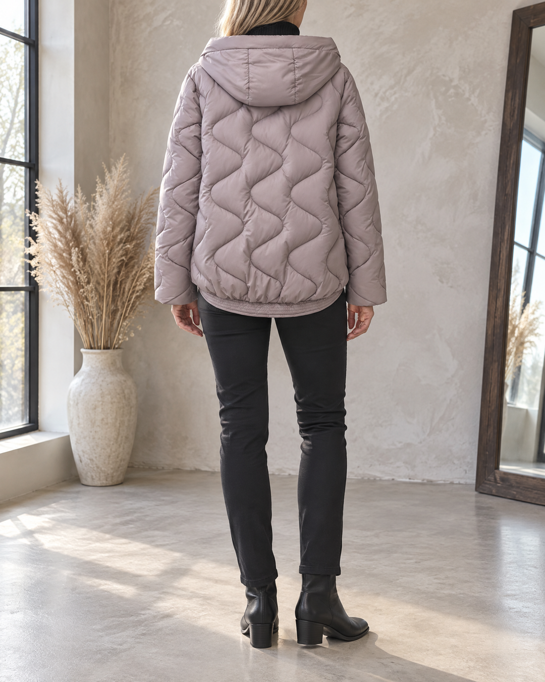 Carole - Wave Quilted Hooded Jacket in taupe grey, back view