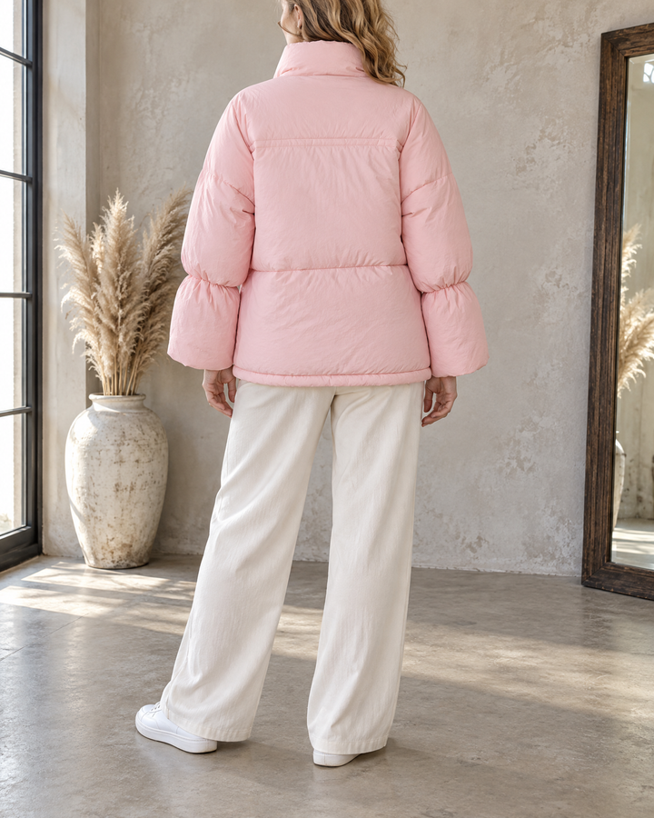 Ombeline - Toggle Button Puffer Jacket in pink, back view