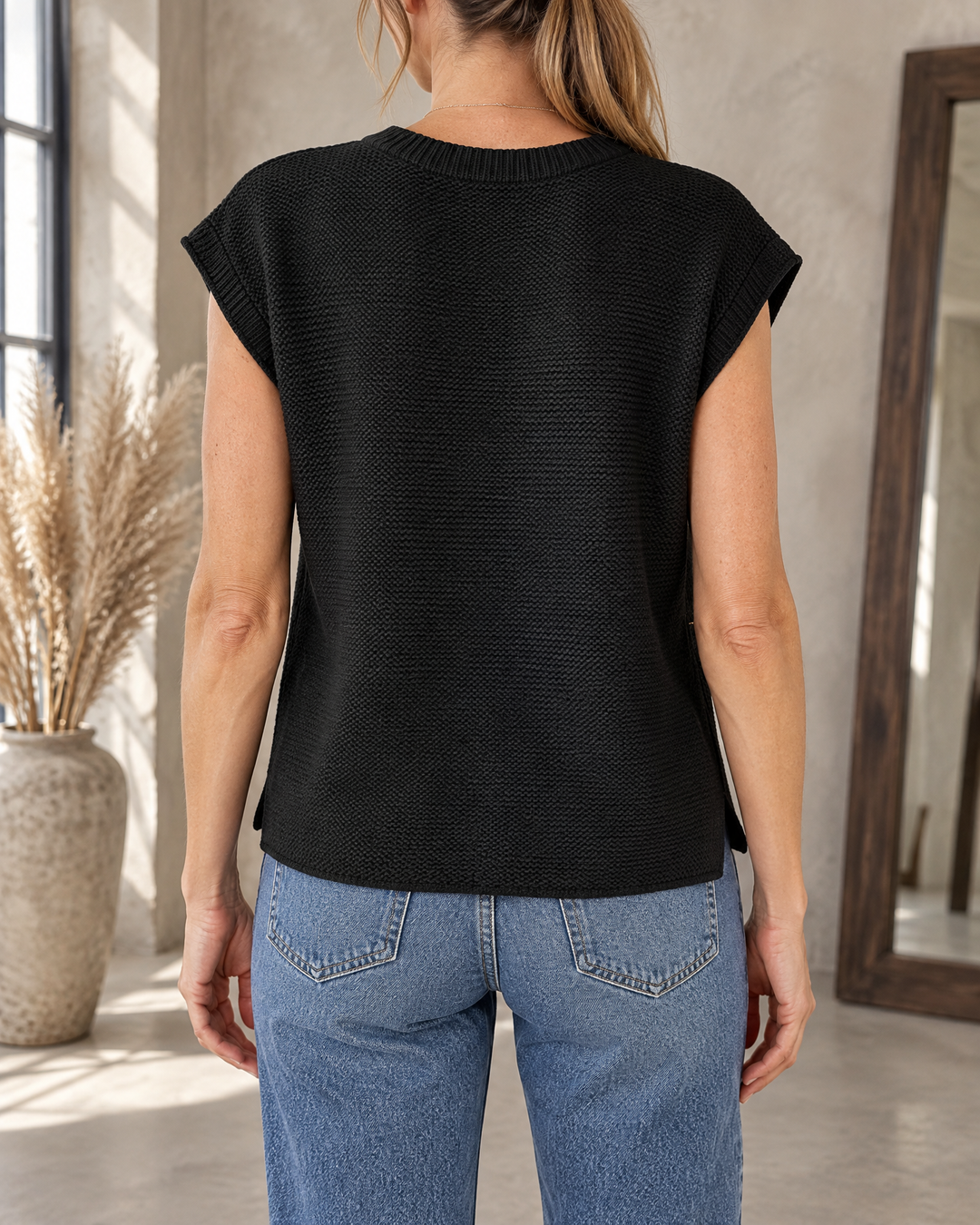 Henriette - Cap Sleeve Knit Top in black, back view