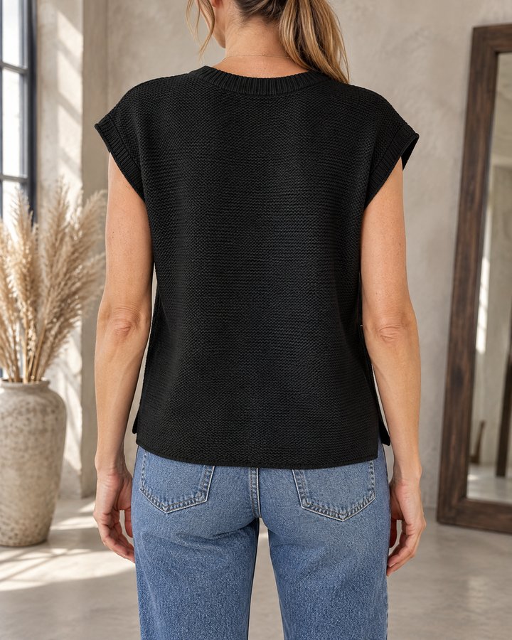 Henriette - Cap Sleeve Knit Top in black, back view