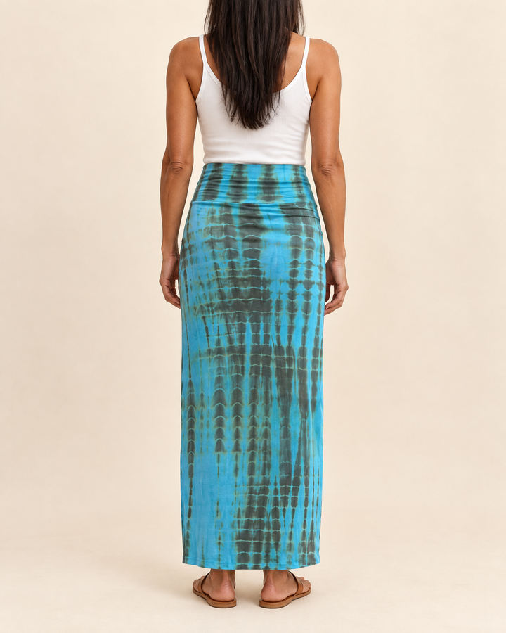 Ophelie - Tie Dye Maxi Skirt in turquoise, back view