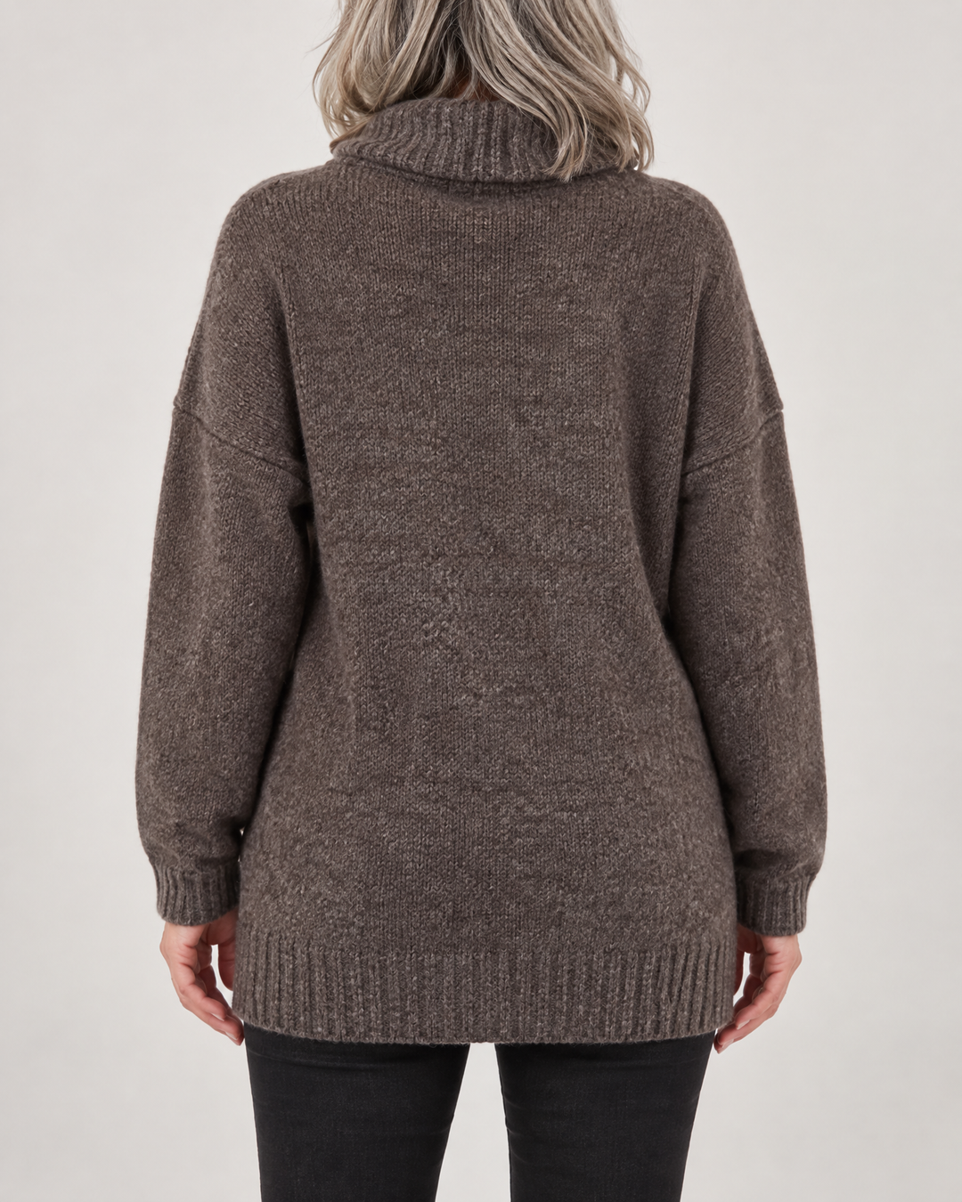Thea - Turtleneck Pullover Sweater in dark chocolate, back view