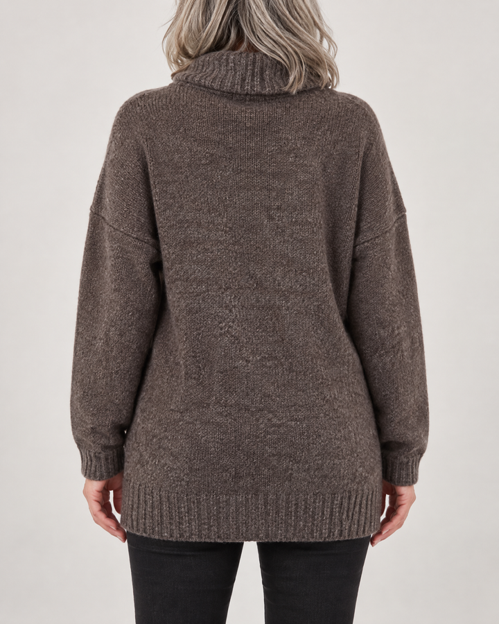 Thea - Turtleneck Pullover Sweater in dark chocolate, back view