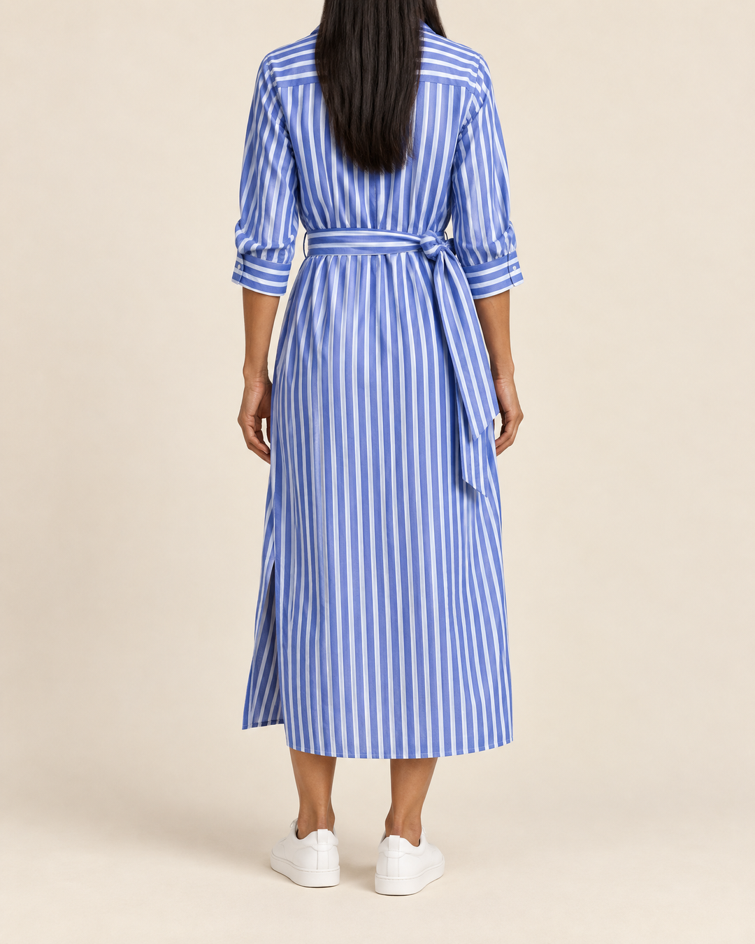 Laure - Belted Striped Shirt Dress in blue stripe, back view