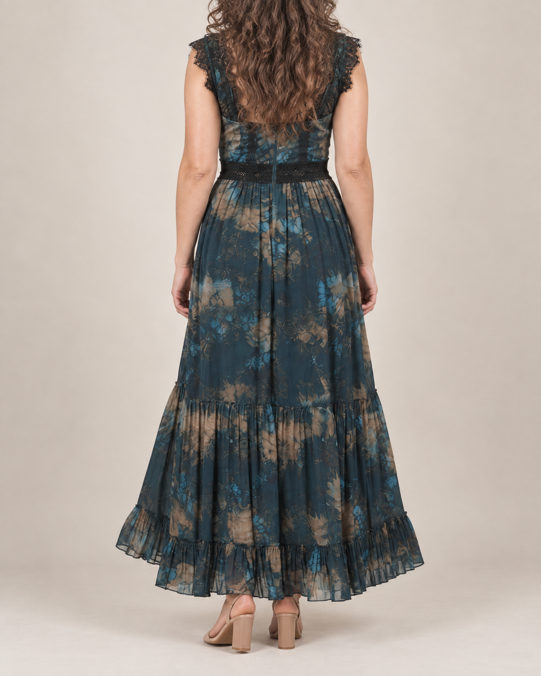 Cosette - Lace Trim Floral Maxi Dress, back view