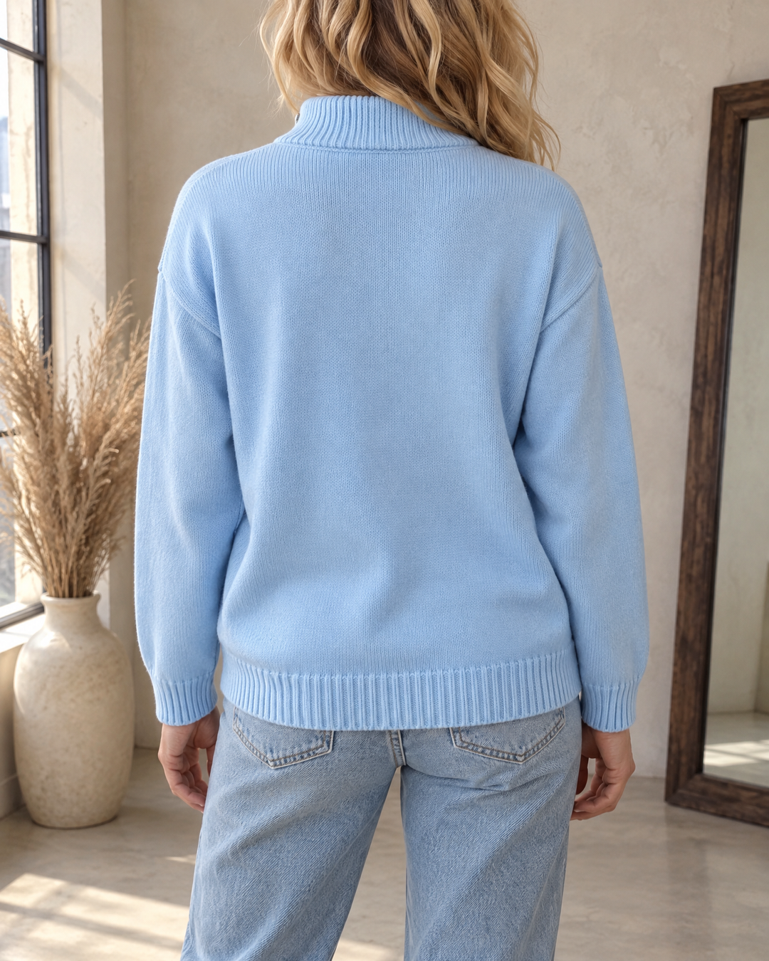 Sixtine - Silver Button Mock Neck Sweater in sky blue, back view