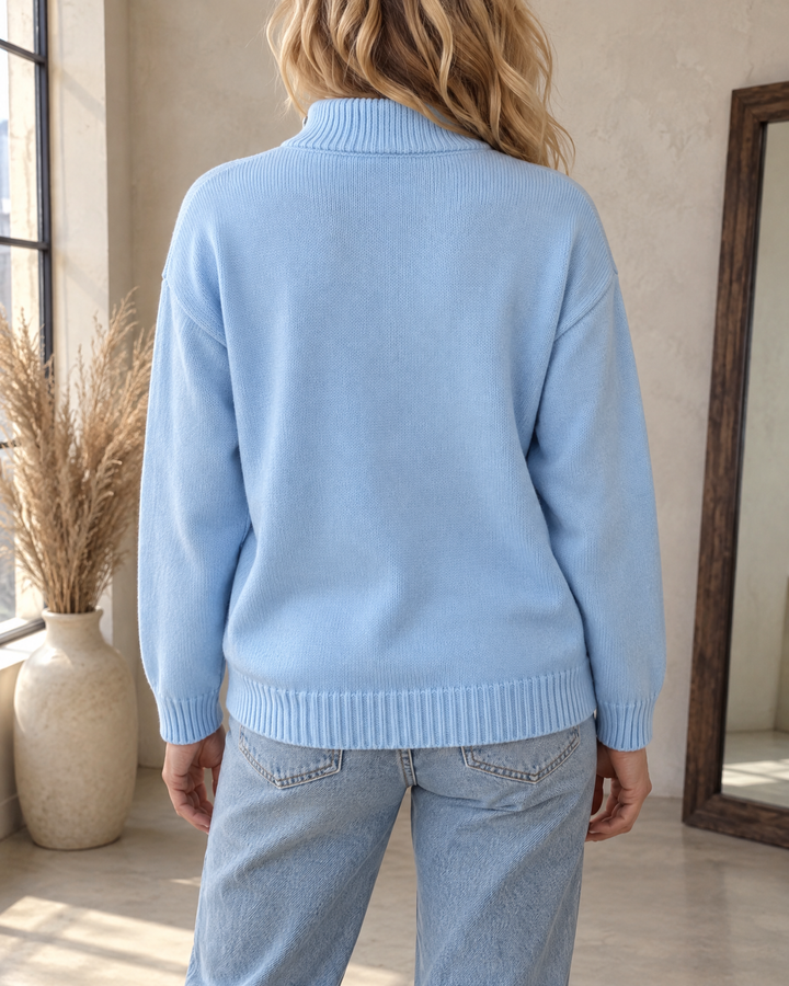 Sixtine - Silver Button Mock Neck Sweater in sky blue, back view