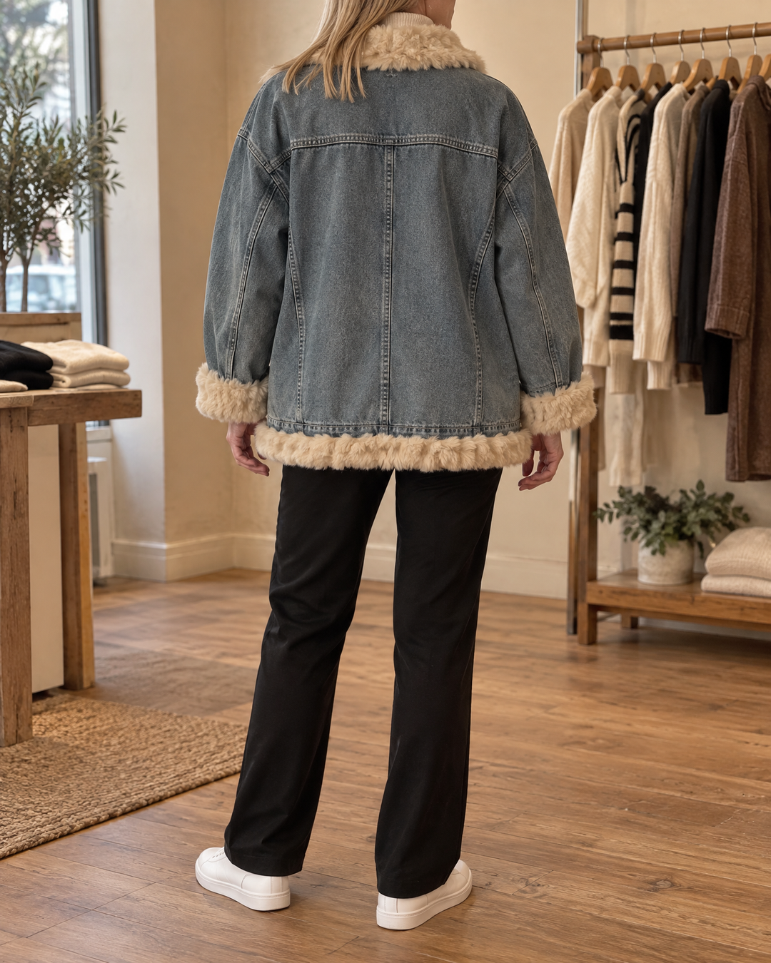 Raphaelle - Faux Fur Trim Denim Jacket in mid blue, back view