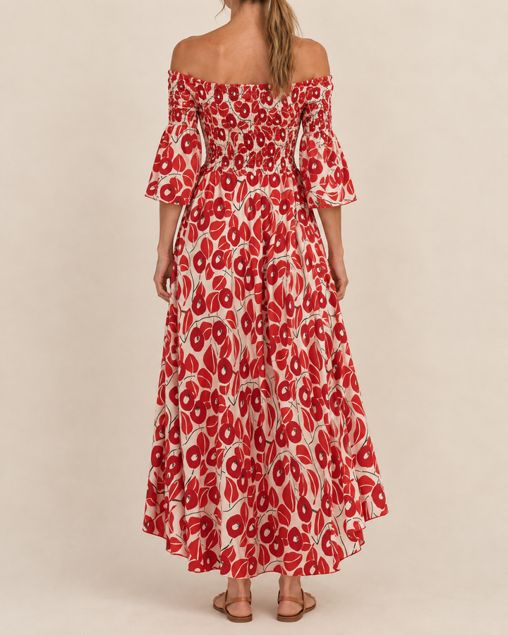 Seraphine - Off Shoulder Print Maxi Dress in red, back view