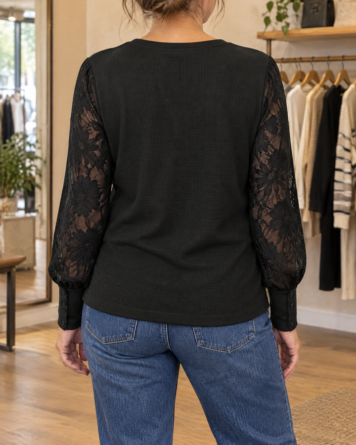 Laurine - Lace Sleeve Waffle Top in black, back view