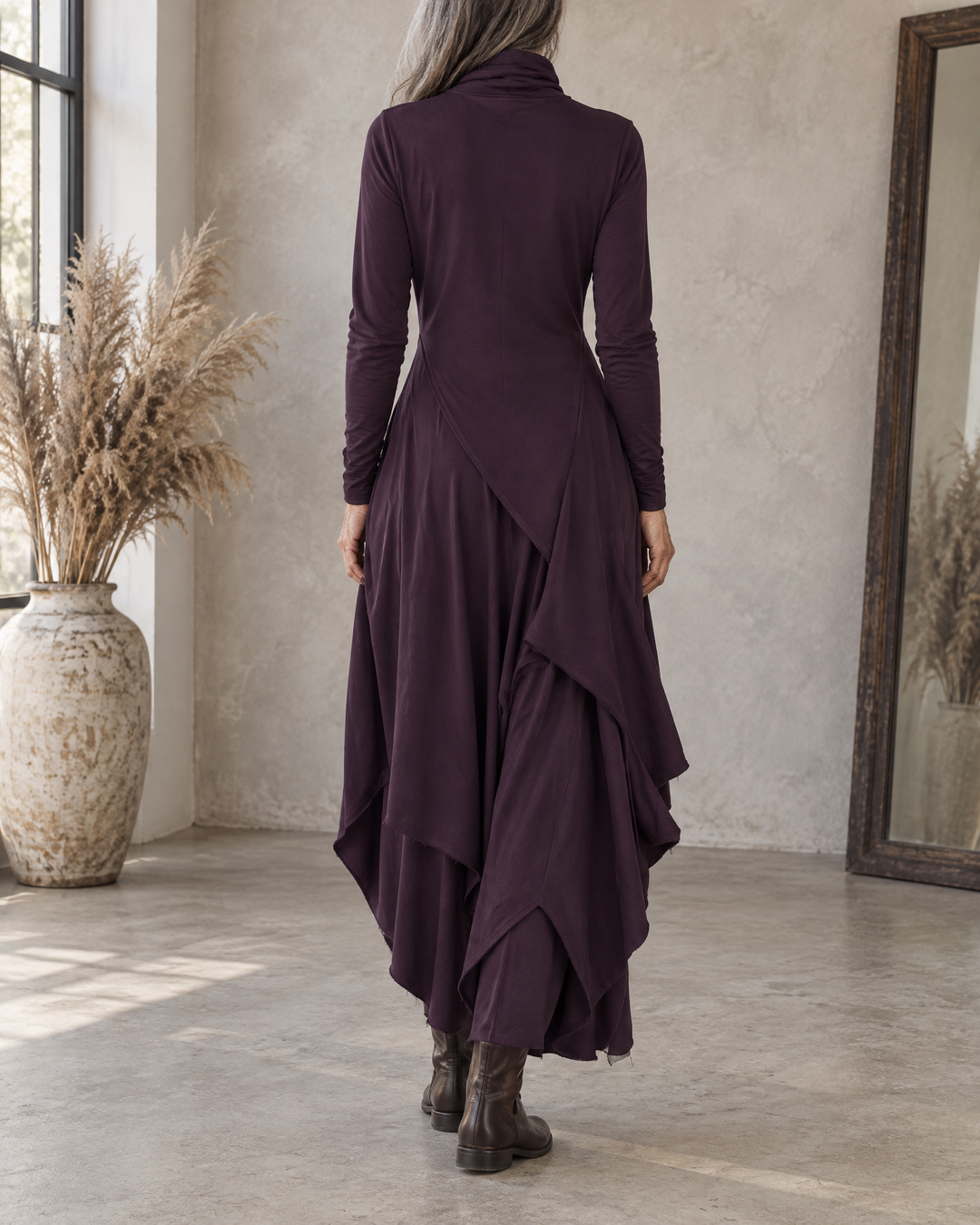Sylvie - Draped Turtleneck Maxi Dress in purple, back view