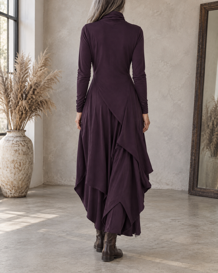 Sylvie - Draped Turtleneck Maxi Dress in purple, back view