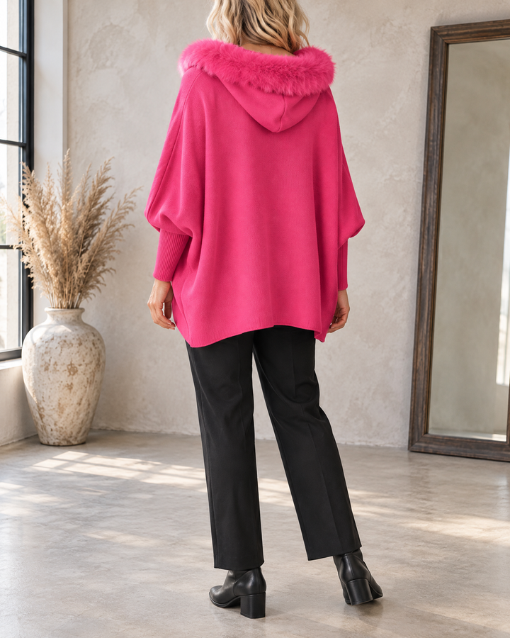 Liliane - Plush Collar Knit Cape in fuchsia, back view