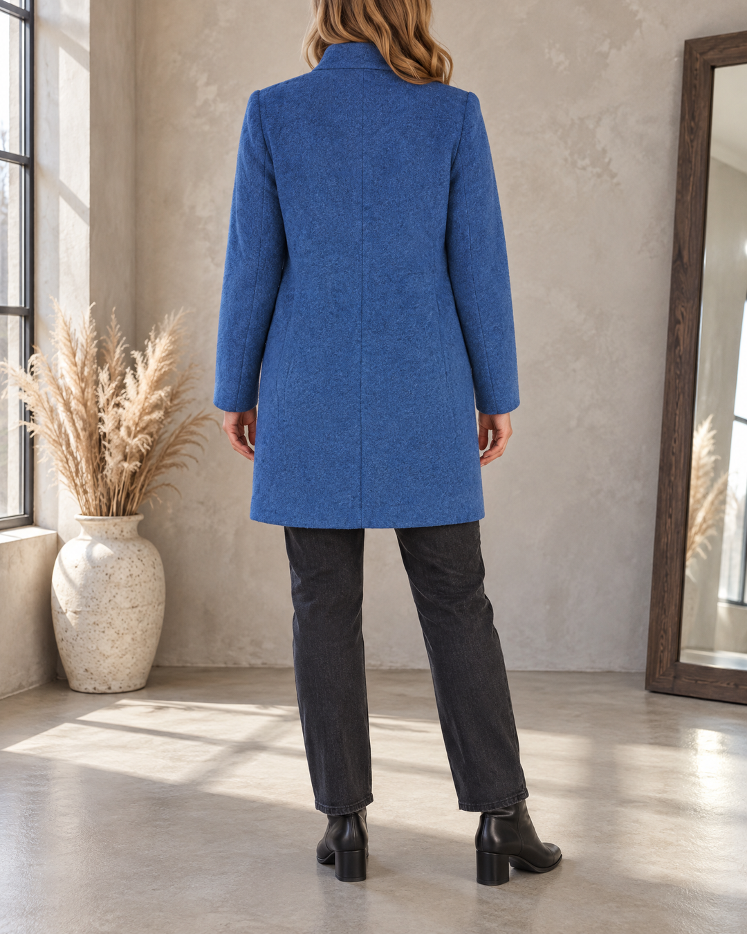 Augustine - Stand Collar Wool-Look Coat in denim blue, back view